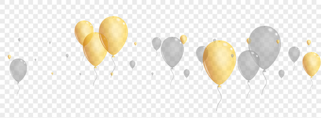 Golden Air Background Transparent Vector. Balloon Shine Border. Silver Falling Confetti. Surprise Present Template.
