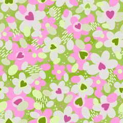 Abstract seamless pattern with cute delicate flowers and hearts of Bubble Gum fashion style