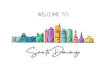 One single line drawing of Santo Domingo city skyline Dominican. World historical town landscape postcard print. Best place holiday destination. Trendy continuous line draw design vector illustration - obrazy, fototapety, plakaty