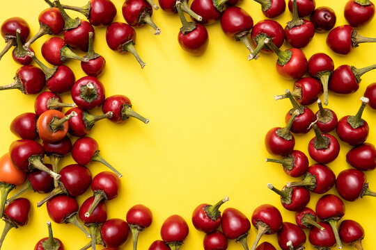 Top view of red hot pepper on the bright ellow surface.Empty space.Colorful cuisine background