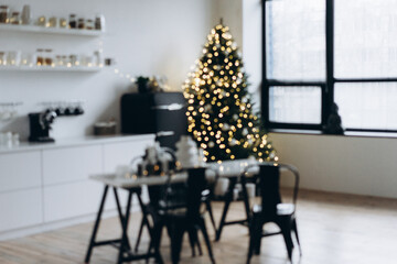 no focus christmas tree decorated with garlands, christmas bokeh