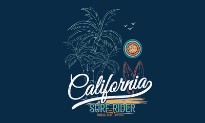 California surfing beach vintage graphics print design for t shirt and others. Palm tree vector artwork for apparel, poster, batch, sticker, and others. - obrazy, fototapety, plakaty