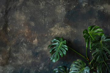 On the gray concrete wall there are large, green monstera leaves. Grunge textured background....