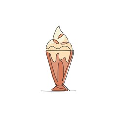 One continuous line drawing of fresh delicious sweet milkshake restaurant logo emblem. Healthy drink cafe shop logotype template graphic concept. Modern single line draw design vector art illustration