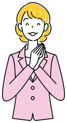 よいアイデアを思いついて笑顔になっているスーツ姿の可愛い女性 イラスト ベクター