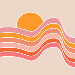 Abstract retro style sunrise illustration with colorful (yellow, orange, pink, purple, brown) wavy clouds decoration on pastel background - 468551759