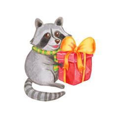 Cute racoon holding Christmas gift box and smiling, hand drawn watercolor cartoon character isolated on white background
