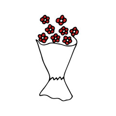 Vector hand-drawn illustration. Cute bouquet of red flowers in a white wrapper. Doodle style. For printing for home decor.