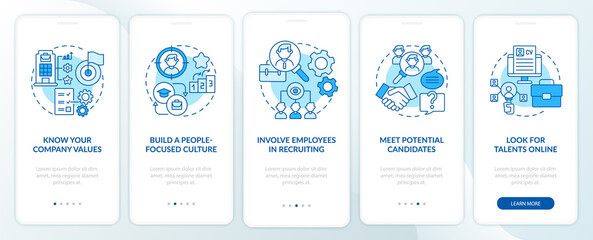 Fototapeta na wymiar Attracting top clients blue onboarding mobile app page screen. Employees hunting walkthrough 5 steps graphic instructions with concepts. UI, UX, GUI vector template with linear color illustrations