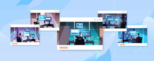 Naklejka premium set mix race traders stock market brokers analyzing charts graphs and rates on computer monitors at workplace