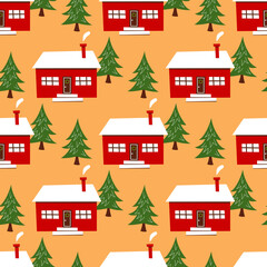 Christmas seamless pattern. Lovely red houses and green Christmas trees. Vector illustration.