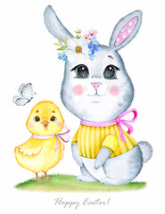 Watercolor illustration. Little animals. Cute Easter chick and bunny on a white background.