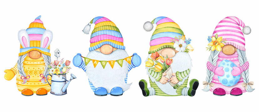 Spring watercolor illustration. Cute Easter gnomes. Boy and girl gnomes. Easter egg.