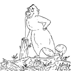 Cartoon illustration of a cute beaver standing on the wooden dam. Comic style pet stock lineart hand drawn illustration for coloring book