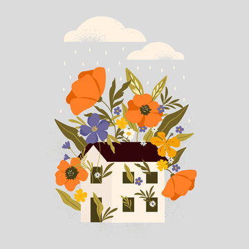 Flowers growing inside a tiny house. HOME SWEET HOME. Lovely house surrounded by bright colors. Print, card, poster, postcard, banner design element.