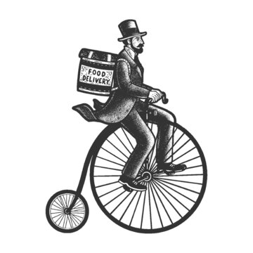 Food delivery man high wheel bicycle sketch raster