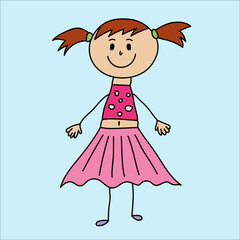 Kid girl colorful hand drawn illustration. Doodle child isolated. Smiling girl