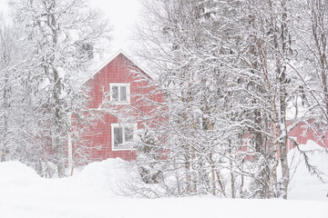 Naklejka premium Red house in forest during snowfall