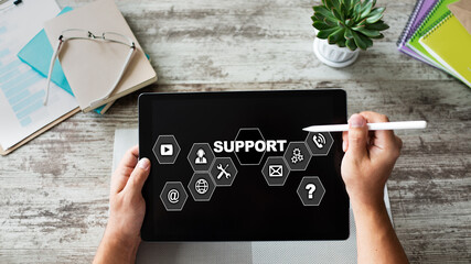 Technical support icons on screen. Call to help center. Internet and technology concept.