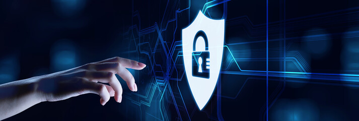 Cyber security shield padlock icons data protection information privacy concept on screen.