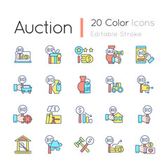 Auction RGB color icons set. Competitive bargaining. Bidding for item. Public sales. Selling property, antique. Isolated vector illustrations. Simple filled line drawings collection. Editable stroke