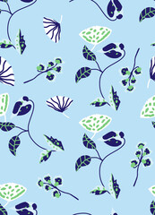 Abstract Hand Drawing Floral Leaves Branches and Ditsy Flowers Seamless Vector Pattern Isolated Background