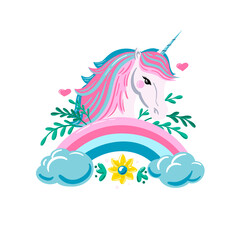 White unicorn with pink and blue hair and rainbow. Vector illustration isolated on white. 