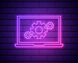 Glowing neon line Laptop and gear icon isolated on brick wall background. Laptop service concept. Adjusting app, setting options, maintenance, repair, fixing. Vector Illustration