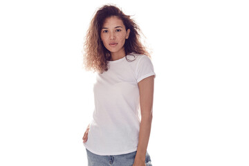 Obraz premium Attractive woman with lush curly hair in white blank t-shirt isolated on white background. Mock-up.