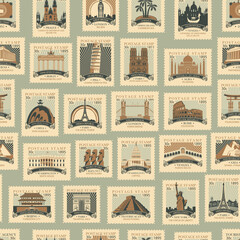 Vector seamless pattern with old postage stamps with sights from different countries. Repeating background in retro style on a travel theme. Suitable for wallpaper, wrapping paper or fabric design © paseven