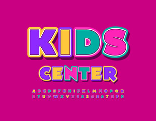 Vector bright sign KIds Center. Cute Children Font. Sticker style set of Alphabet Letters and Numbers