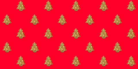 Seamless texture with golden Christmas trees on a red background. Horizontal banner. Happy New Year pattern. Wallpaper. Holiday decor paper. Poster backdrop. Concept. Calendar mockup design. Template
