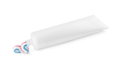 Tube with toothpaste on white background. Dental care