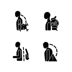 Spinal problems black glyph icons set on white space. Backbone diseases and traumas. Severe disability forms. Pathologic scoliosis. Silhouette symbols. Vector isolated illustration