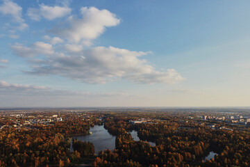 the view from the drone of the autumn trees and the bending river. beautiful autumn background. view from above