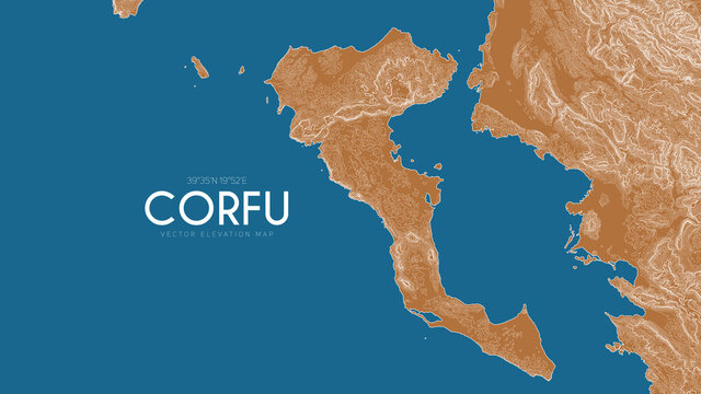 Topographic map of Corfu, Greece. Vector detailed elevation map of island. Geographic elegant landscape outline poster.
