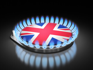 Gas burner flame  with British flag on black