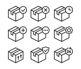 Delivery box line icon set. Shipping, packaging, transportation concept. Collection of different cardboard packages. Free, safe, on time shipment. Cargo distribution. Vector illustration, clip art. 