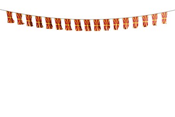 pretty many Macedonia flags or banners hangs on rope isolated on white - any celebration flag 3d illustration..