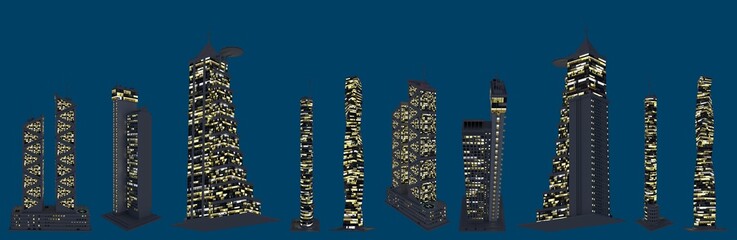 3d illustration of skyscrapers - various fictional buildings at evening with lights on - isolated on dark blue, side view