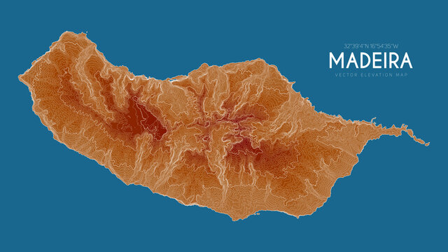 Topographic map of Madeira, Portugal. Vector detailed elevation map of island. Geographic elegant landscape outline poster.