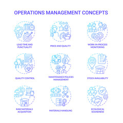 Operations management blue gradient concept icons set. Lead time, punctuality. Price and quality. Production efficiency control idea thin line color illustrations. Vector isolated outline drawings