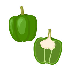 Green bell pepper, whole vegetable and half. Vector illustration
