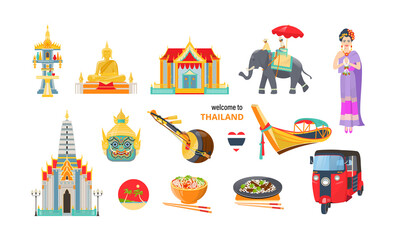 Thailand travel elements set. Asian woman in traditional clothes, elephant, Buddha, heart flag