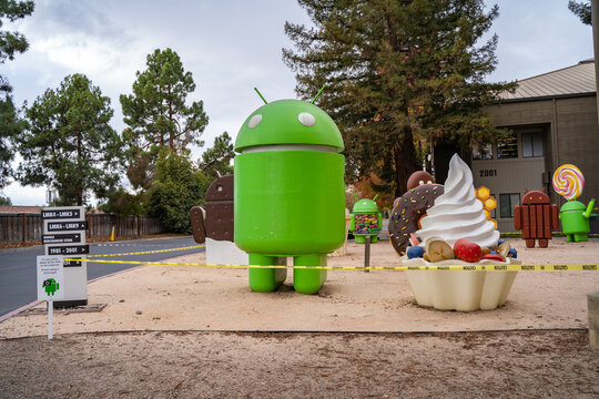 Mountain View, CA, USA -  November 11, 2020: Statues of androids on the Google campus