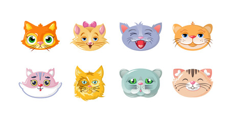 Funny childish cat muzzle set. Cute kitty faces heads confident and smiling