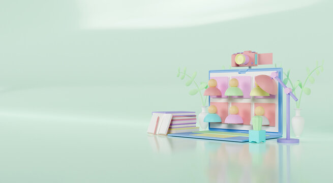 3d rendering people connecting together, learning or meeting online with teleconference, video conference remote working on laptop computer, work from home and work from anywhere concept.