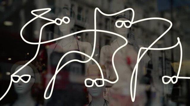 Sunglasses.
Outline drawing of shop display fashion dummies wearing sunglasses with street action reflected in the window.