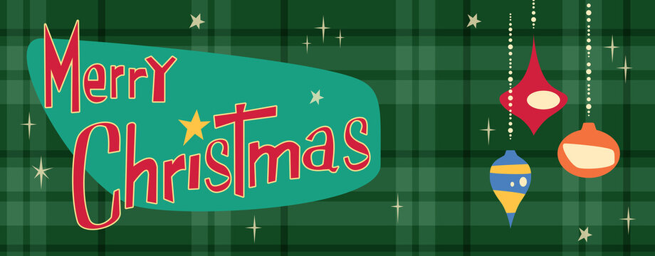 Merry Christmas Text auf grünem Karomuster Hintergrund und viele, bunte Weihnachtskugeln. Mid Century Modern Style. Weihnachtskarte Banner