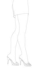 The contour of slender female legs in high heels in a short skirt of black lines isolated on a white background. Vector illustration